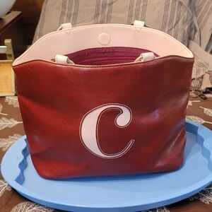 New York & Company Brick Red Handbag Makeup Case Wallet Set Monogram C